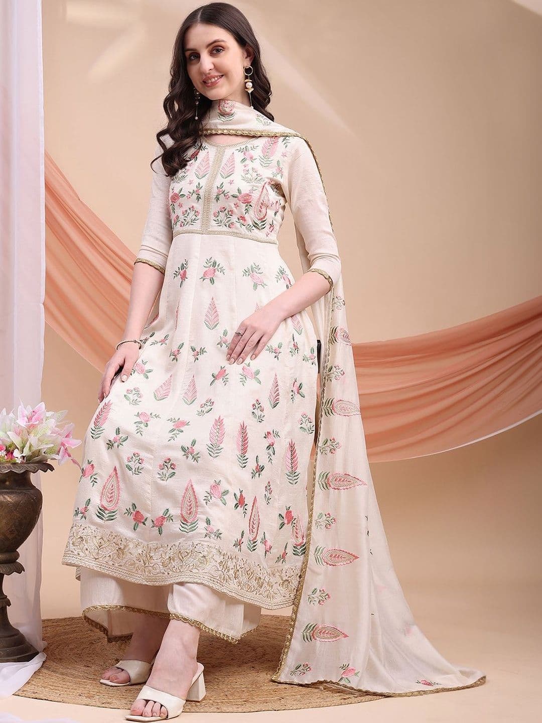 Berrylicious Floral Embroidered Tiered Thread Work Pure Silk Kurta with Palazzos & Dupatta - view 1
