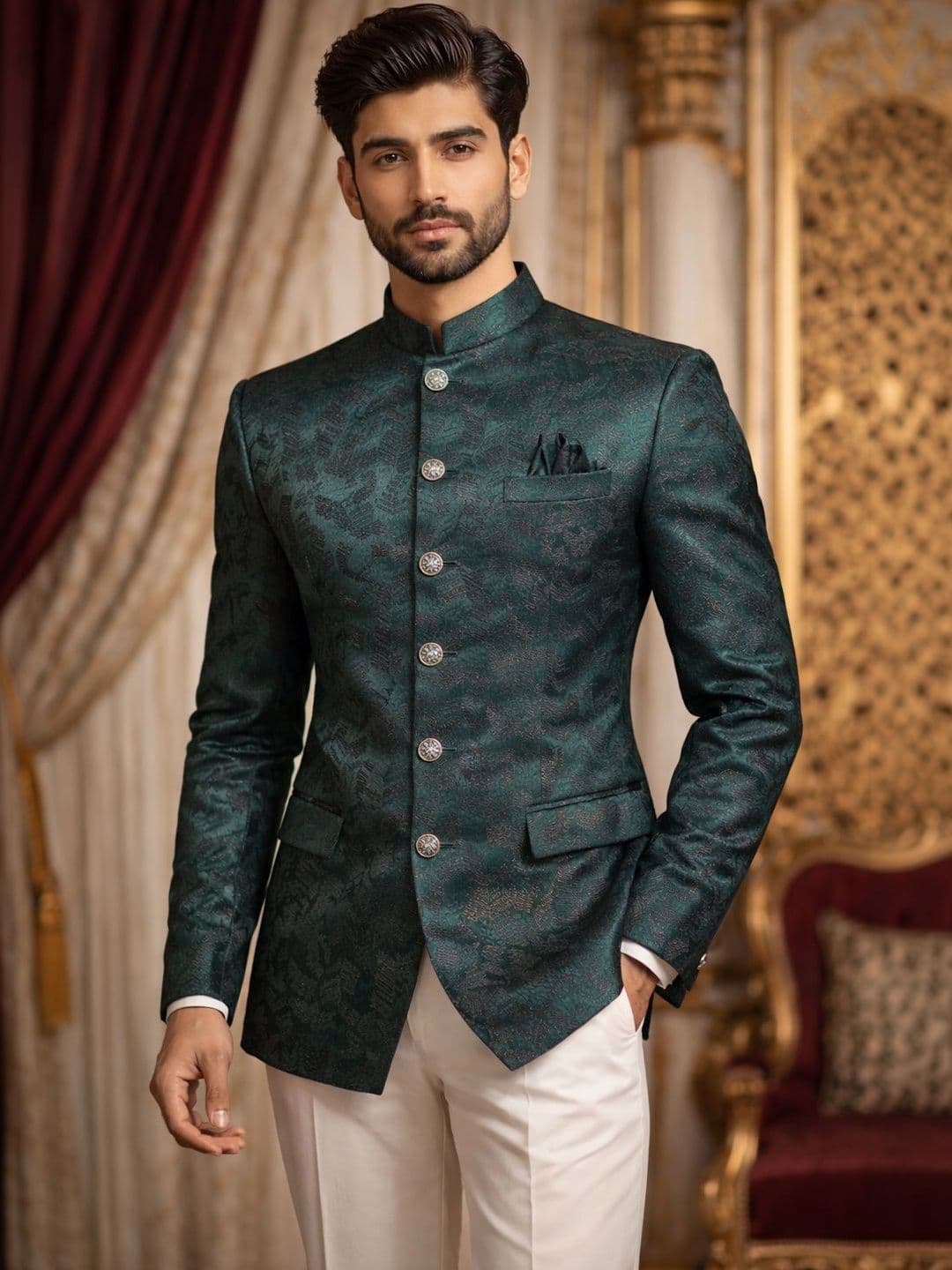 House of Pataudi Men Green Jacquard Self-Design Bandhgala Jodhpuri Blazer - view 1