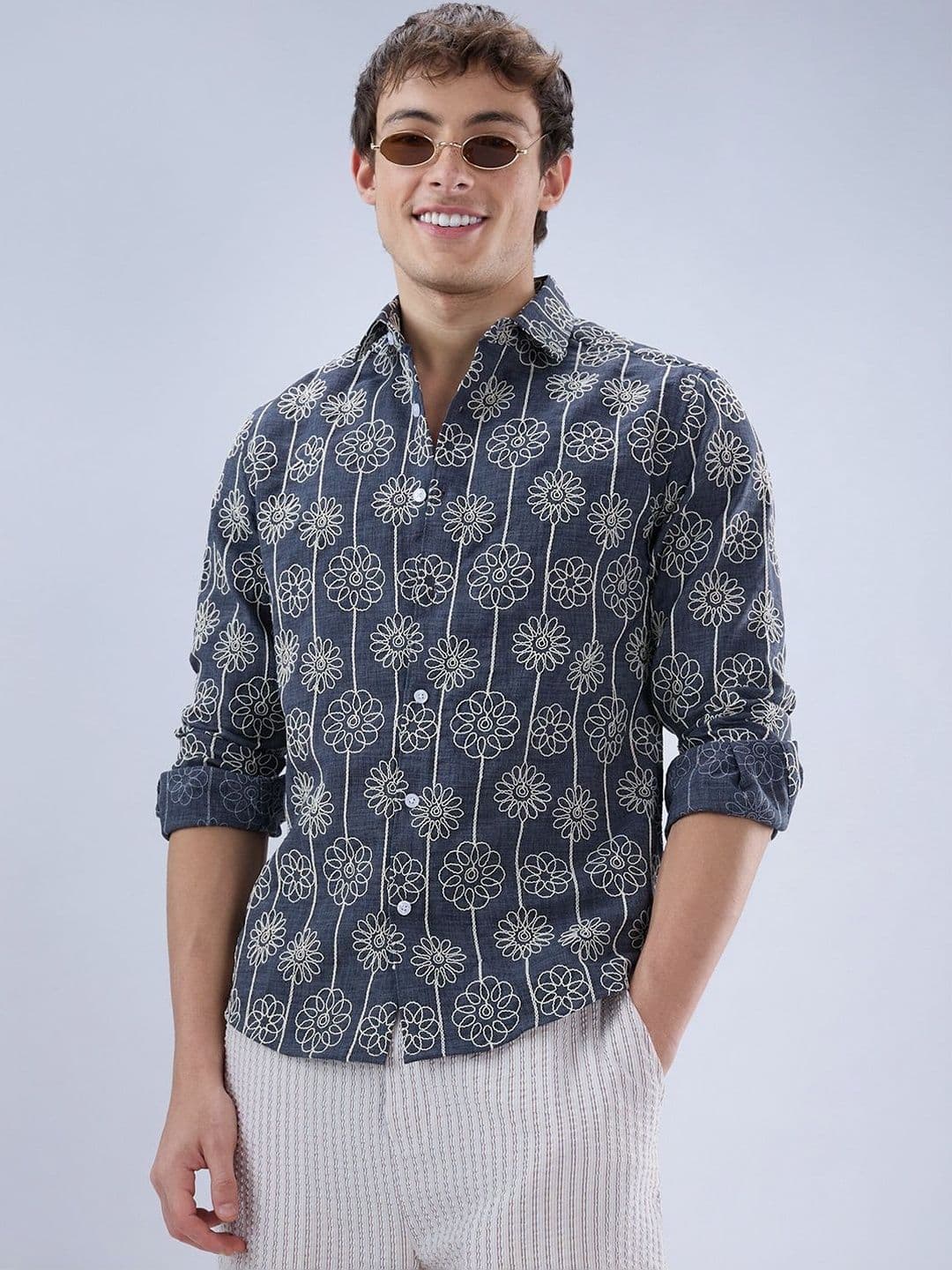 VASTRADO Anchor Grey Floral Embroidered Slub Shirt - view 1