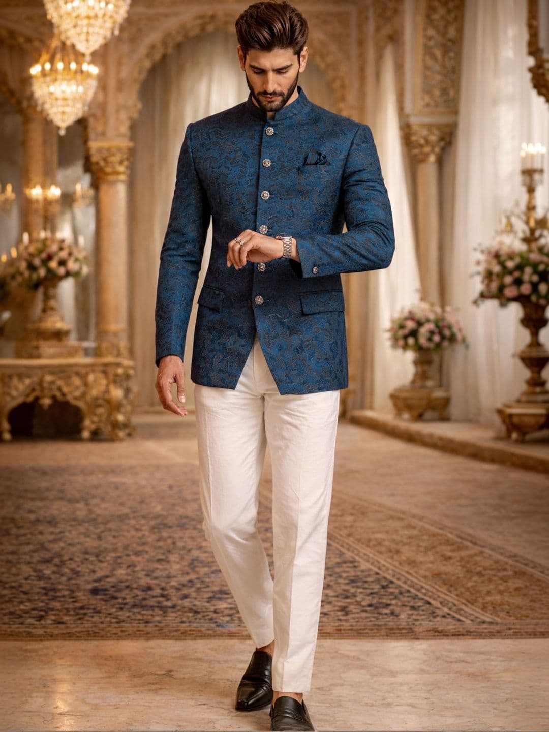 House of Pataudi Men Blue Jacquard Self-Design Bandhgala Jodhpuri Blazer - view 1