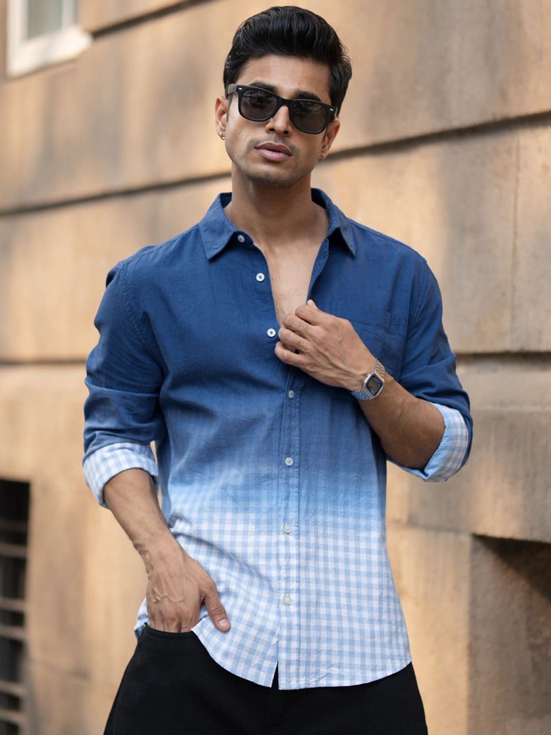 Powerlook Ombre Checks Printed Cotton Long Sleeves Shirt - view 1