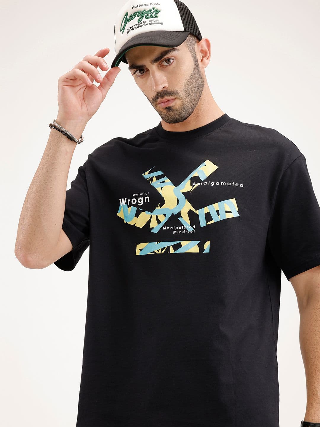 WROGN Brand Logo Printed Drop-Shoulder Sleeves Pure Cotton Oversized T-shirt - view 1
