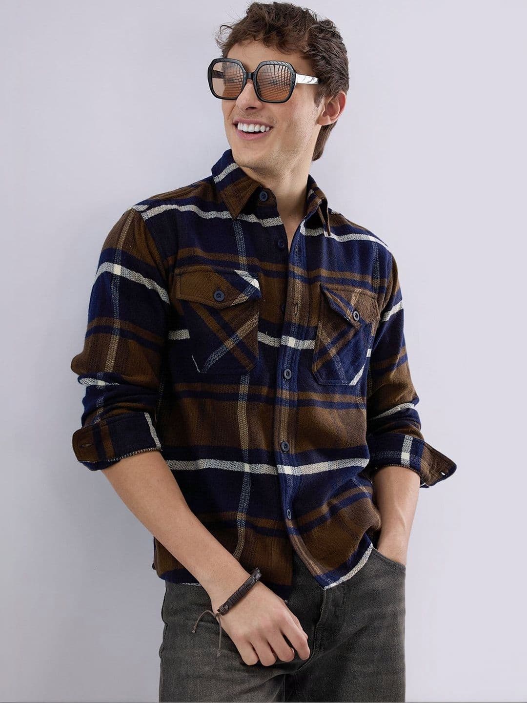 VASTRADO Walnut Brown & Navy Plaid Checks Double Pocket Flannel Shirt - view 1