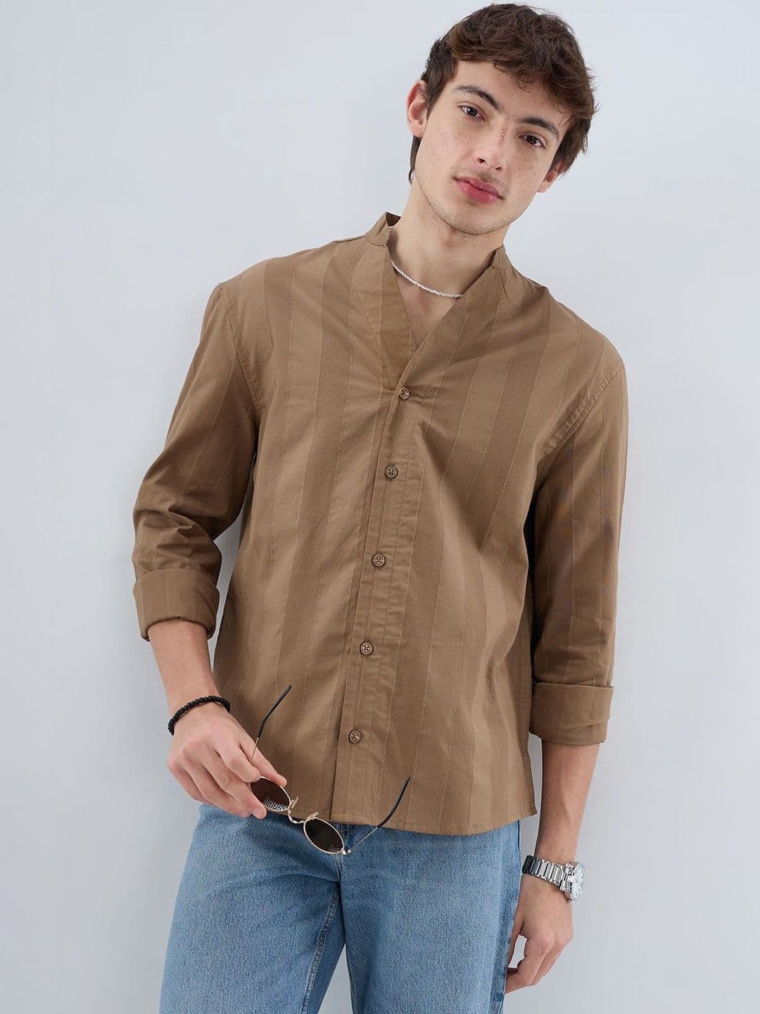 VASTRADO Bark Brown Panel Textured Stand Collar Oversized Shirt - view 1
