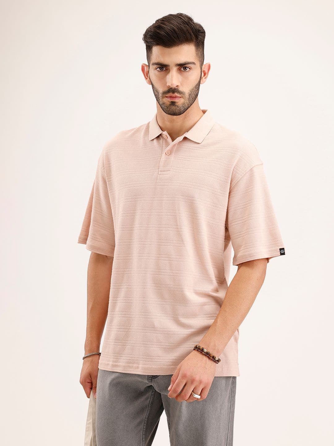 WROGN Oversized Self Striped Polo Collar Drop-Shoulder Sleeves T-shirt - view 1