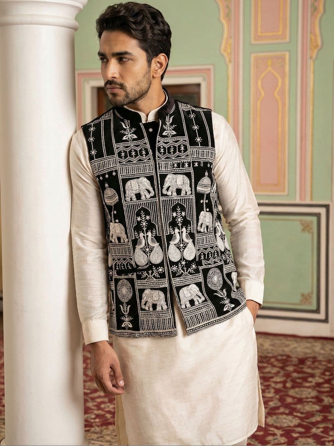 Jompers Embroidered Mandarin Collared Nehru Jackets - view 1