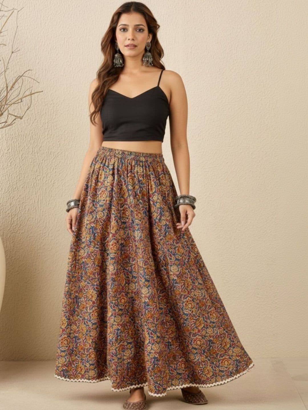 WineRed Women Pure Cotton Cotton Cambric Floral Maxi Flared Skirt - view 1