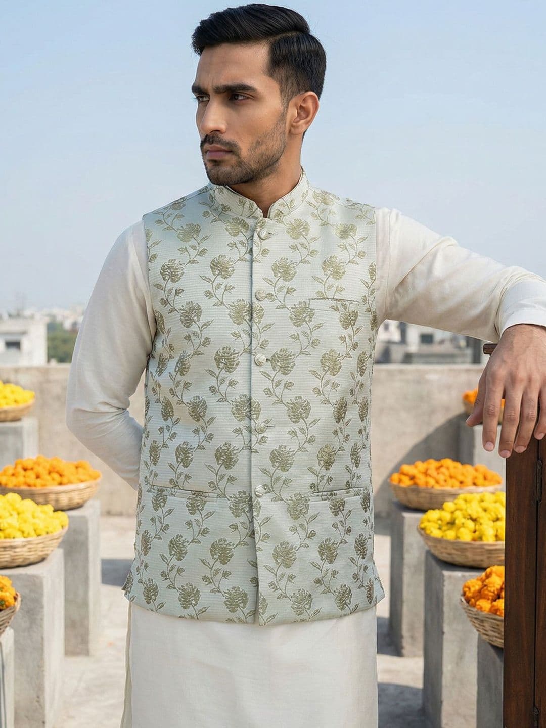 Jompers Embossed Mandarin Collared Nehru Jackets - view 1