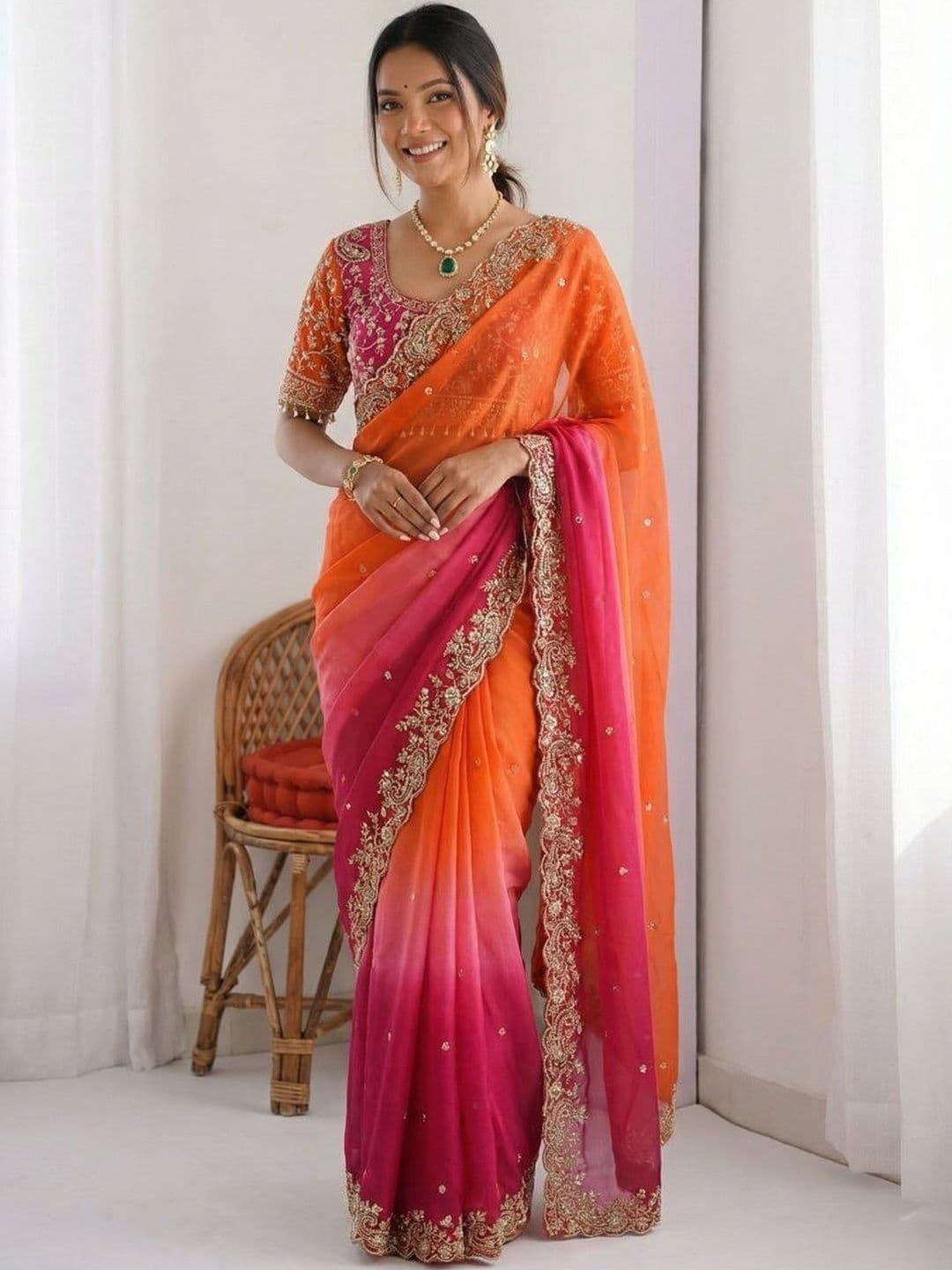 Mitera Ombre Embroidered Tissue Heavy Work Saree - view 1