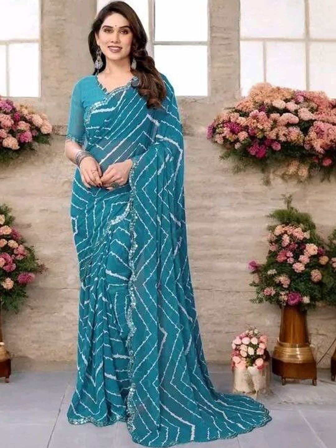 SHUBHSWAR Leheriya Sequinned Pure Georgette Fashion Saree - view 1
