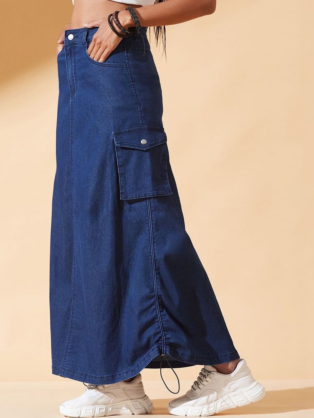 DOLCE CRUDO Women's Baggy High Rise Ruched Parachute Stretchable Denim Midi Skirt - view 1