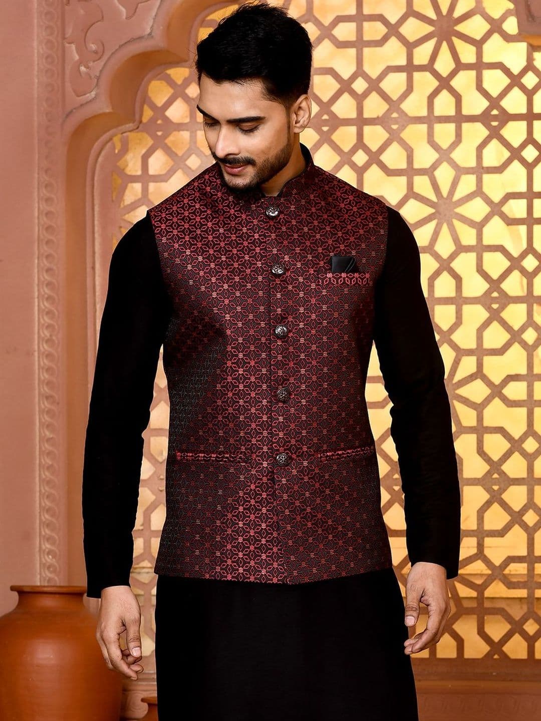 TRENDS OF ETHNIC Men Woven Design Classy Fit Jacquard Nehru Jacket