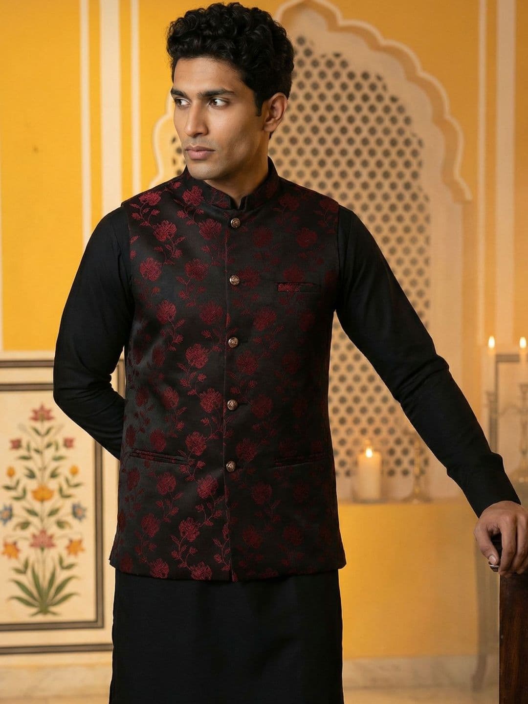 Jompers Embossed Mandarin Collared Nehru Jackets - view 1