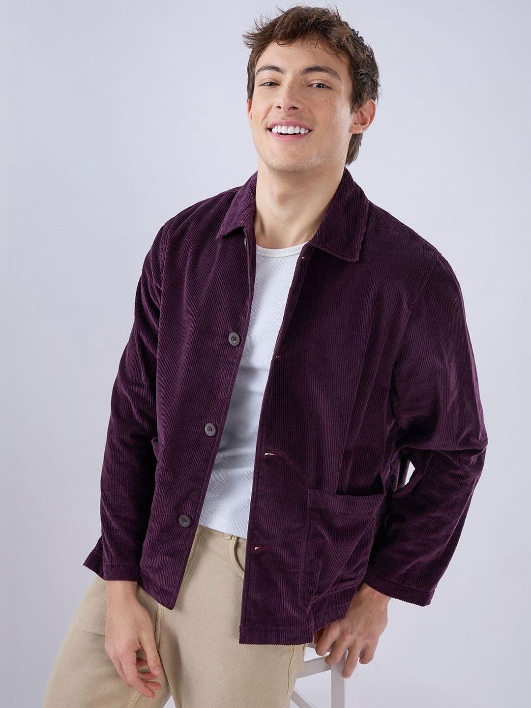 VASTRADO Exquisite Wine Corduroy Double Pocket Oversized Shacket - view 1