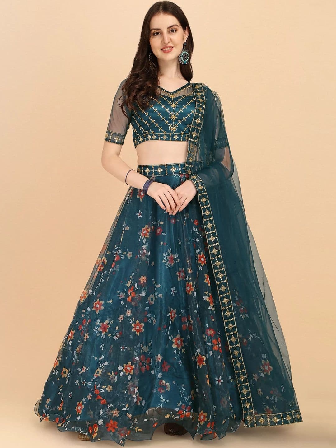 KRYSAL Embellished Sequinned Semi-Stitched Lehenga & Blouse With Dupatta - view 1