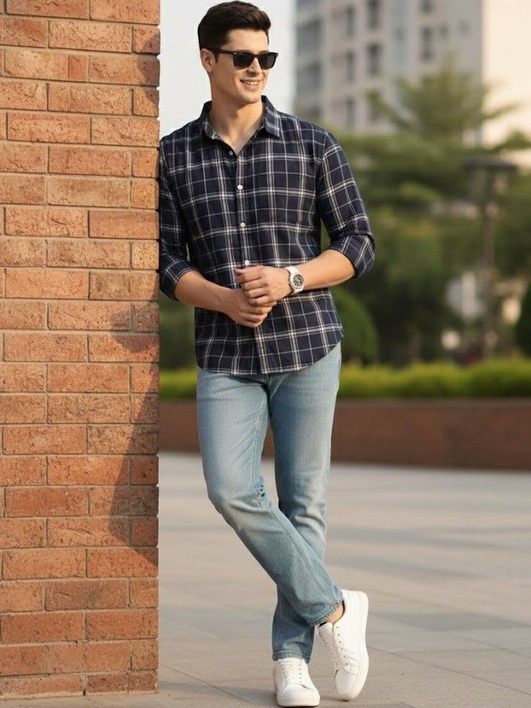 The Roadster Lifestyle Co Checked Pure Cotton Spread Collar Shirt - view 1