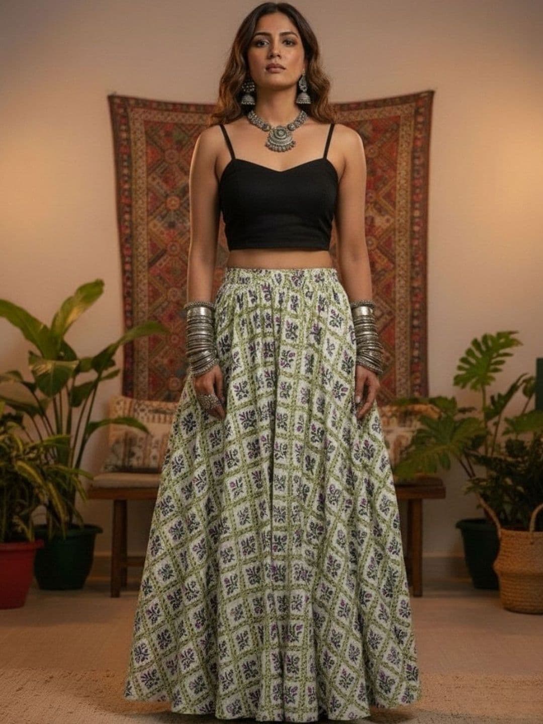 WineRed Women Pure Cotton Cotton Cambric Floral Maxi Flared Skirt - view 1