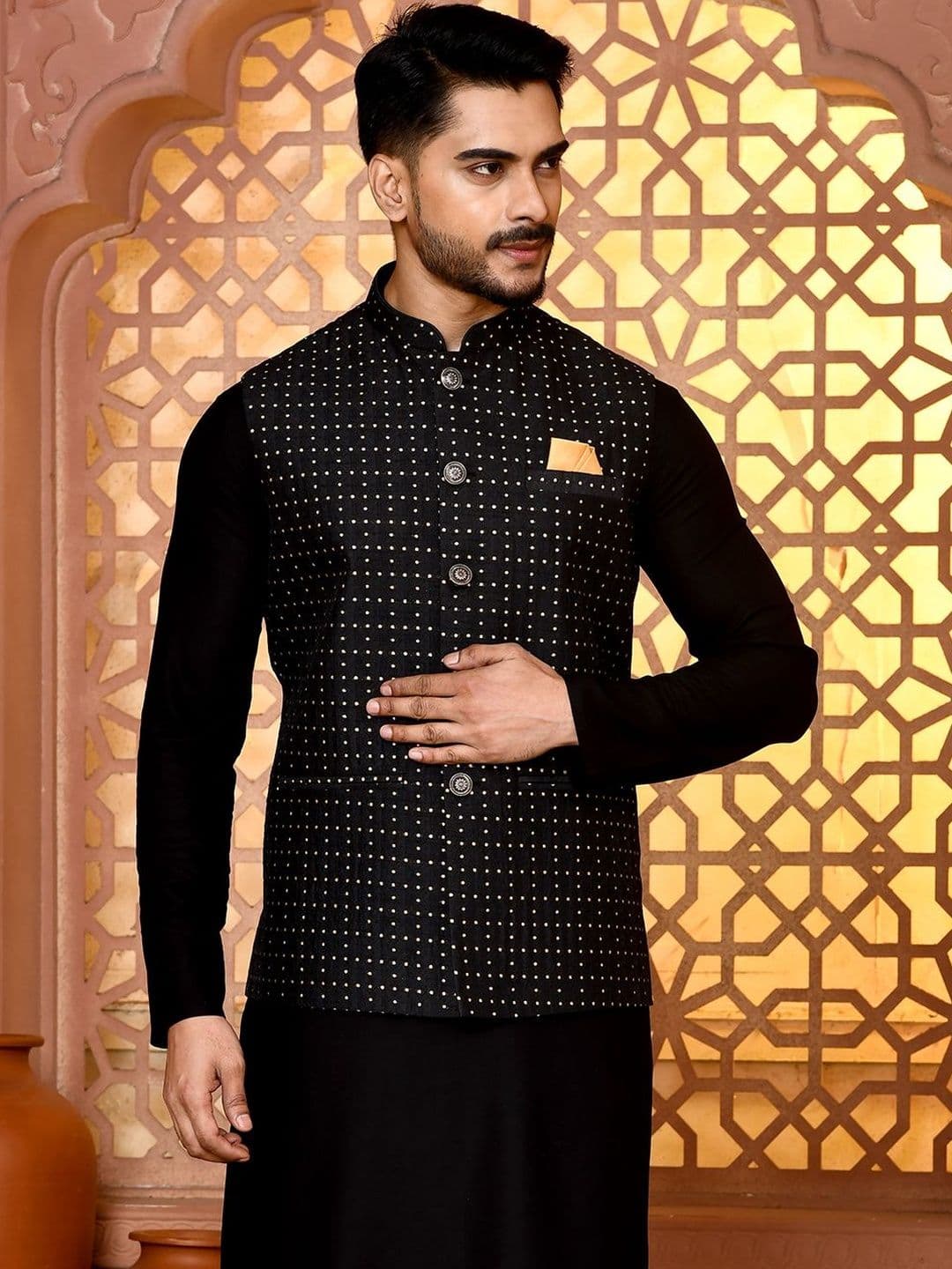 TRENDS OF ETHNIC Men Woven Design Classy Fit Jacquard Nehru Jacket - view 1