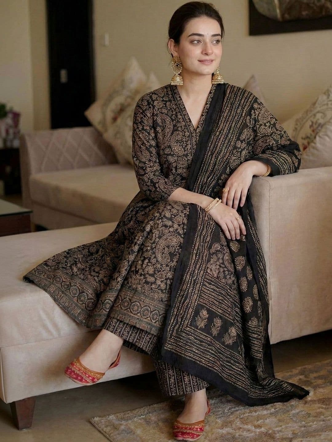 GoSriKi Women Ethnic Motifs Printed Empire Kurta with Trousers & With Dupatta - view 1