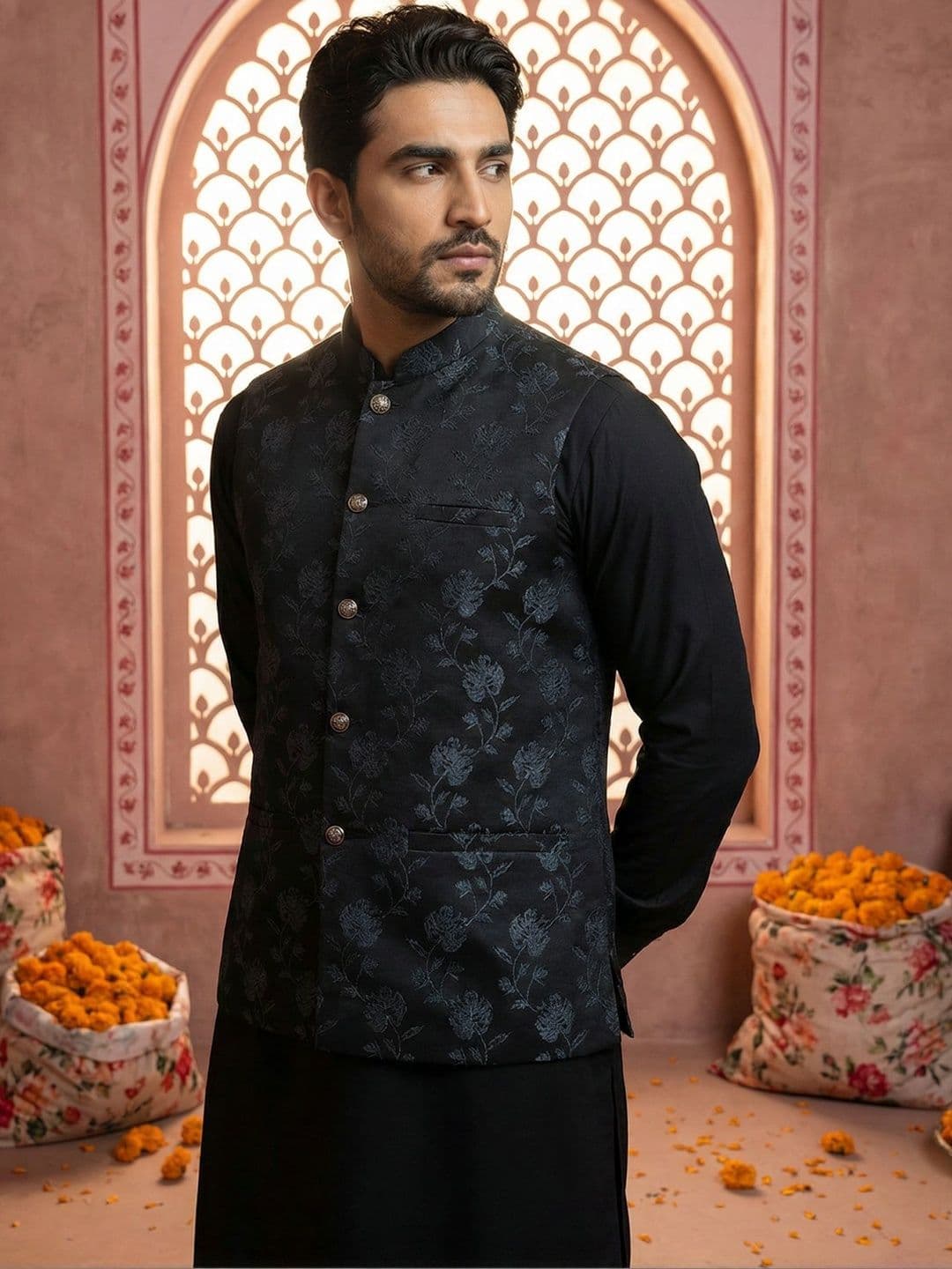 Jompers Embossed Mandarin Collared Nehru Jackets - view 1