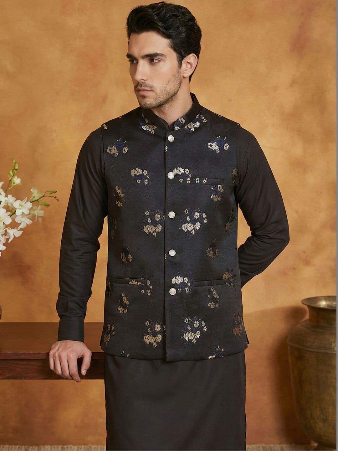 Jompers Embossed Mandarin Collared Nehru Jackets - view 1