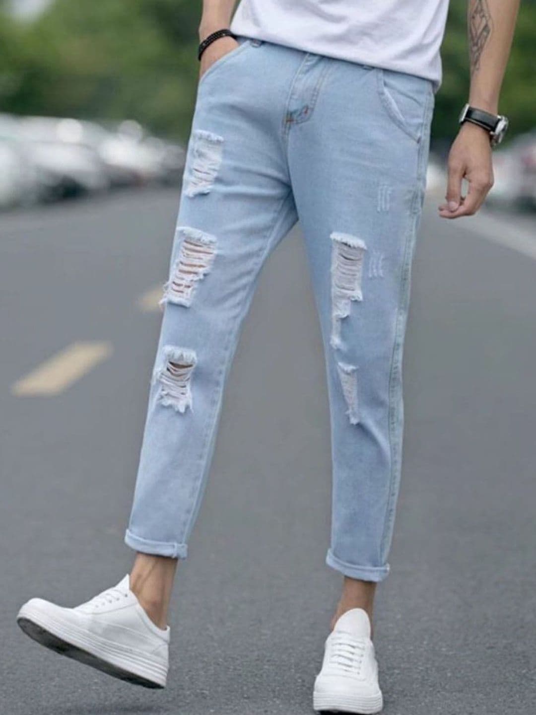HERE&NOW Men Jean Slim Fit Mid-Rise Highly Distressed Light Fade Jeans - view 1