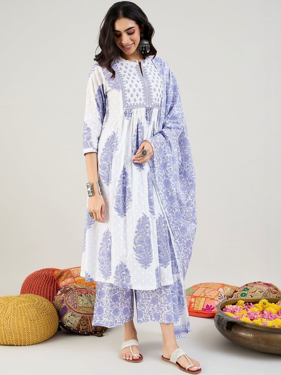 Sangria Printed Pure Cotton Mandarin Collar Kurta & Palazzos Kurta Set - view 1