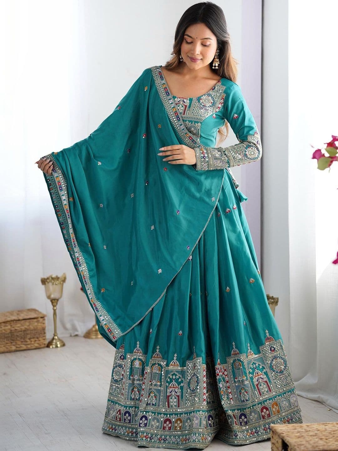 SIDDESHWARY FAB Embellished Mirror Work Semi-Stitched Lehenga & Blouse With Dupatta - view 1