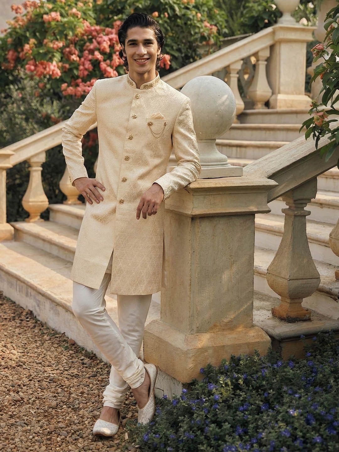 KISAH Men Self Design Indowestern Churidar Set