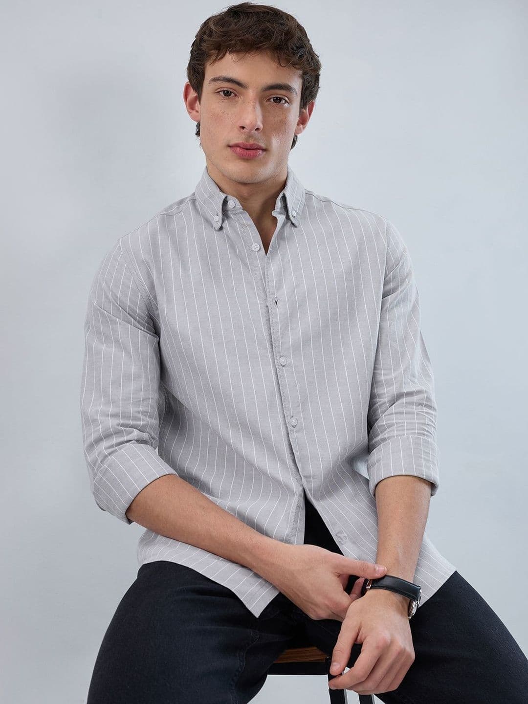 VASTRADO Grey Pin Stripe Button Down Collar Shirt - view 1