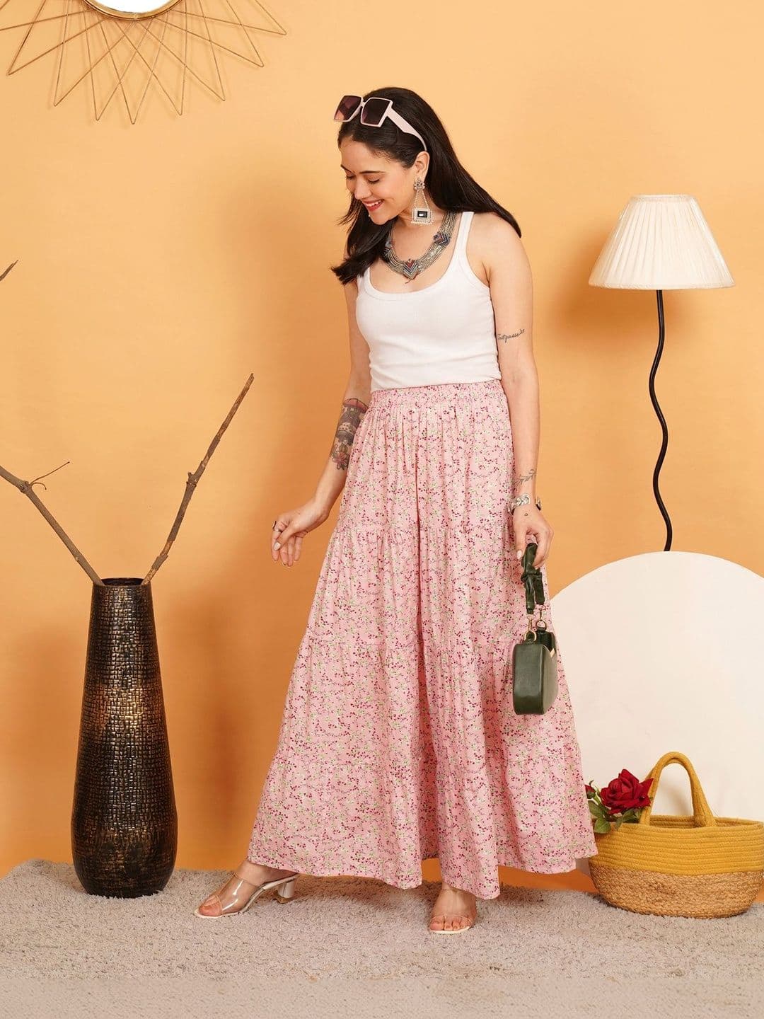 URBAN DHAGA Women Cotton Blend Cotton Cambric Floral Maxi Tiered Skirt - view 1