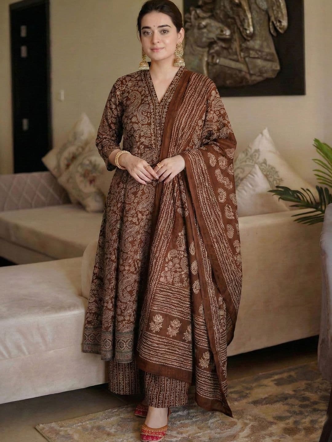 GoSriKi Women Ethnic Motifs Printed Empire Kurta with Trousers & With Dupatta - view 1