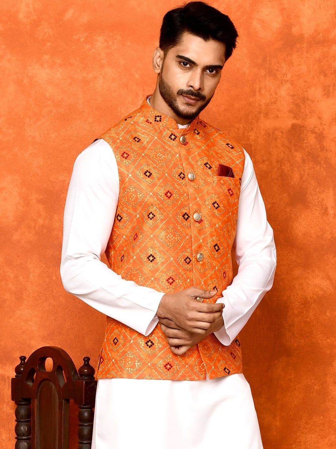 TRENDS OF ETHNIC Men Rangoli Printed Orange Classy Fit Nehru Jacket - view 1