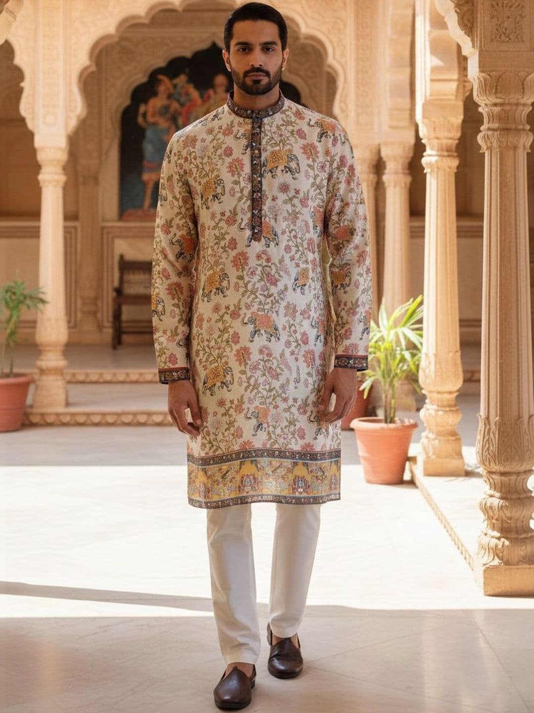 House of Pataudi Printed Mandarin Collar Knee Length Straight Kurtas - view 1