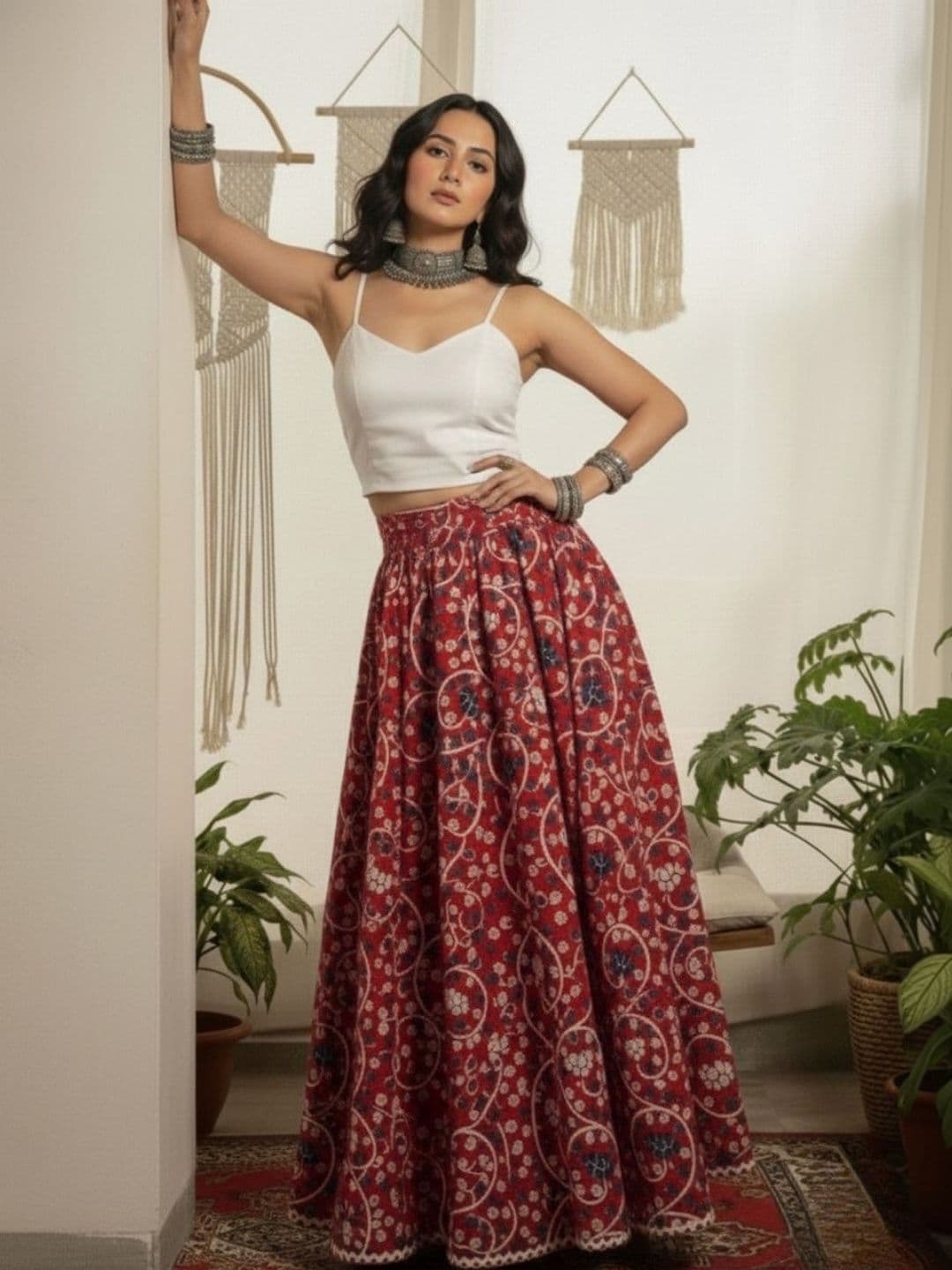WineRed Women Pure Cotton Cotton Cambric Floral Maxi Flared Skirt - view 1
