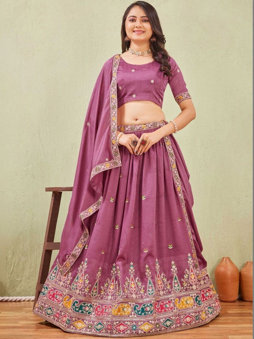 Mfh Mishti fashion hub Embroidered Thread Work Semi-Stitched Lehenga & Blouse With Dupatta - view 1