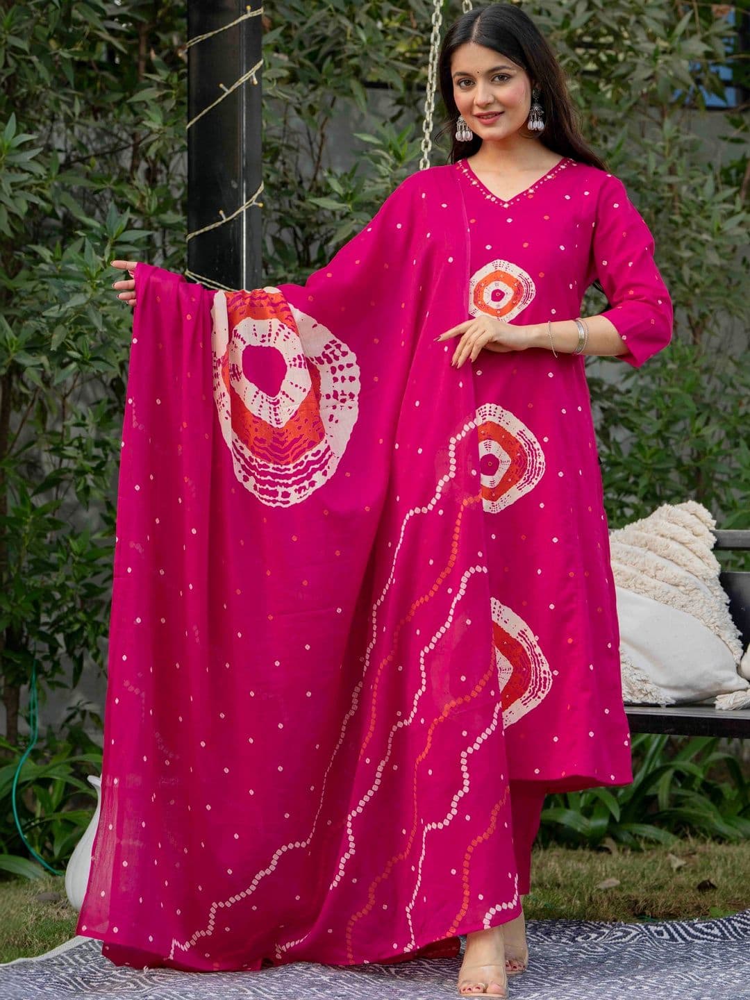 Pistaa Women Bandhani Printed Regular Pure Cotton Kurta with Trousers & With Dupatta - view 1