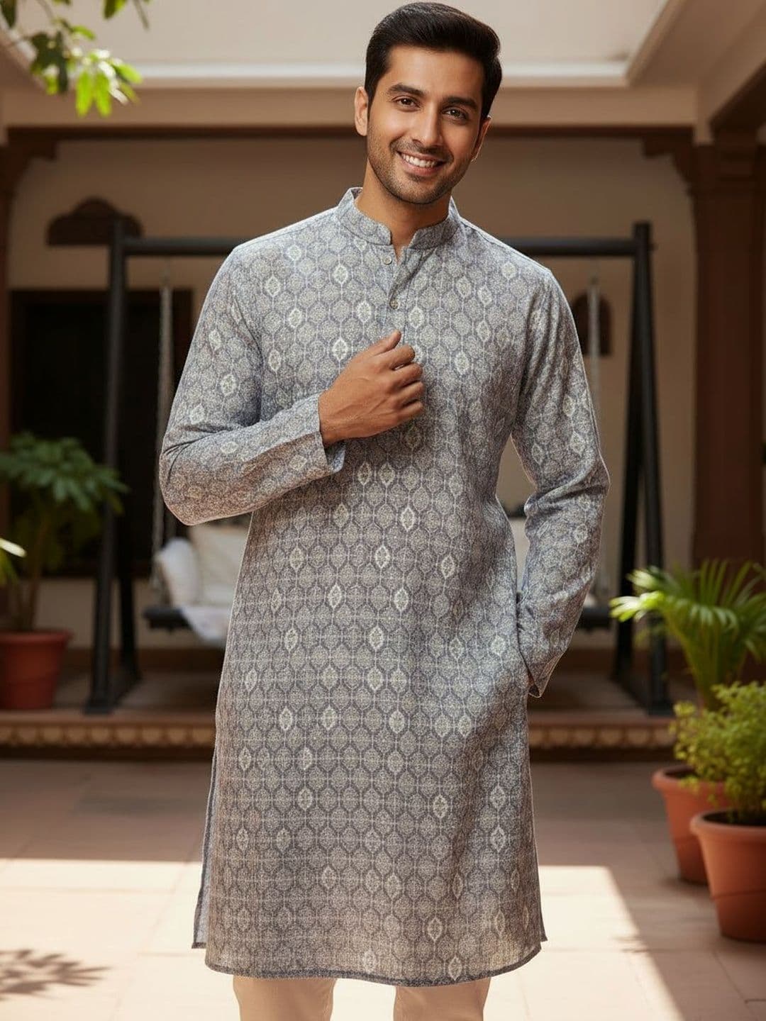House of Pataudi Embroidered Pure Cotton Mandarin Collar Knee Length Straight Kurta - view 1