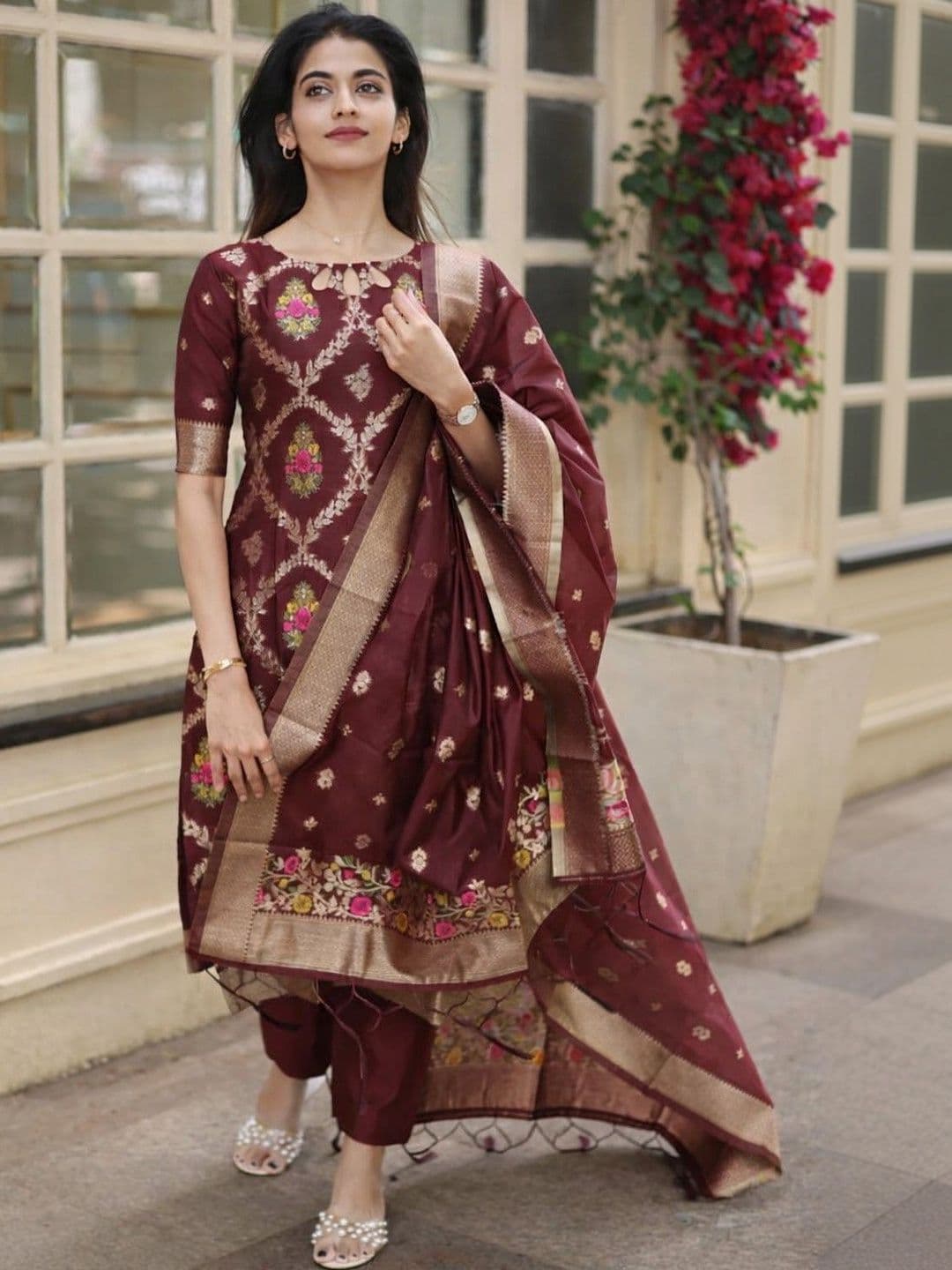 SILK BLISS Women Ethnic Motifs Regular Pure Cotton Kurta with Trousers & With Dupatta - view 1