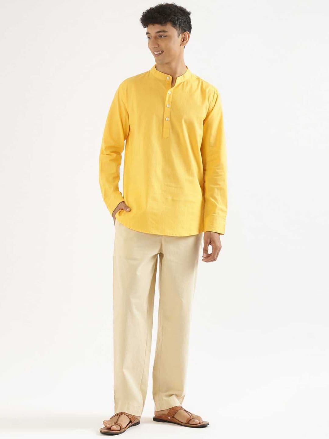 SAADAA Thread Work Mandarin Collar Straight Linen Kurta - view 1