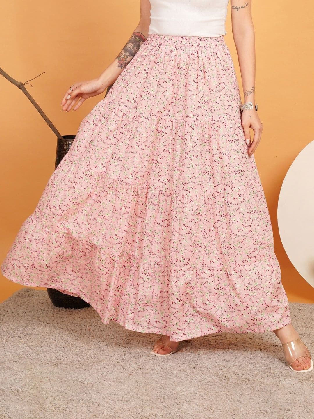 URBAN DHAGA Women Cotton Cotton Cambric Floral Maxi Tiered Skirt - view 1