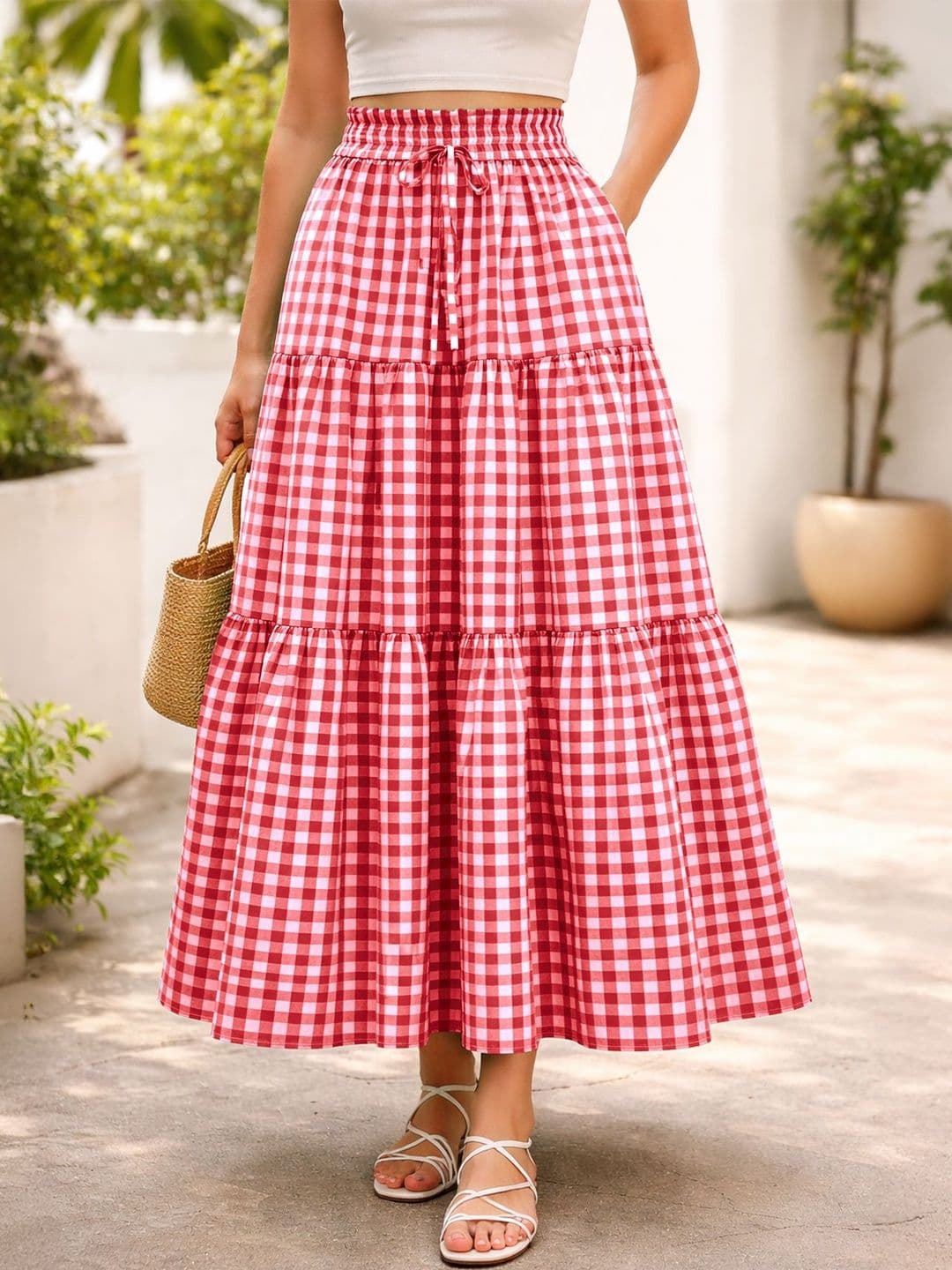 AAHWAN Women Checked Tiered Midi Flared Skirt - view 1