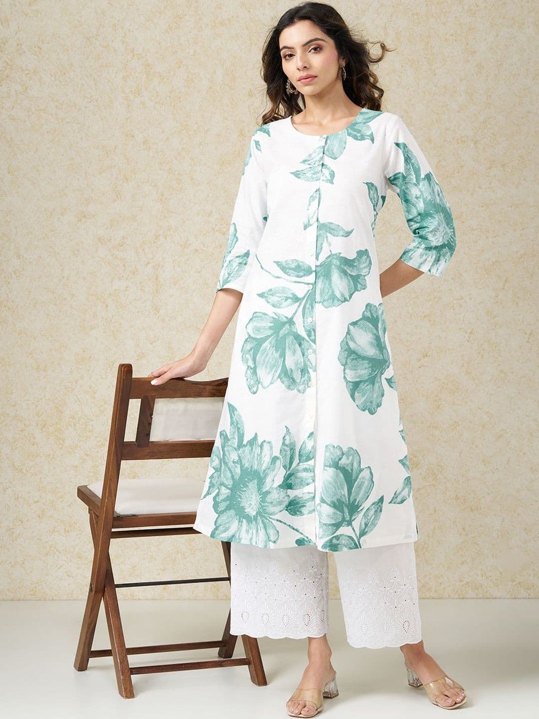 RANGMANCH BY PANTALOONS Women Floral Printed Cold-Shoulder Sleeves Gotta Patti Kurta - view 1