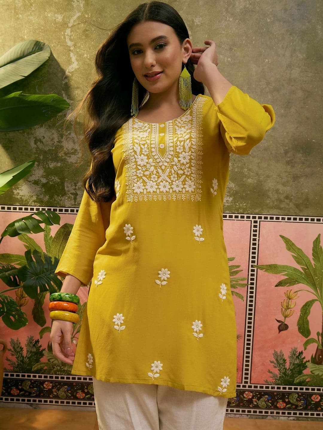 Sangria Floral Embroidered Round Neck Straight Kurti - view 1