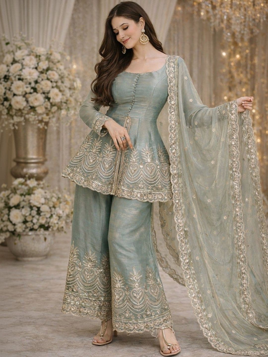 HERE&NOW Women Ethnic Motifs Embroidered Empire Kurti with Palazzos & With Dupatta - view 1