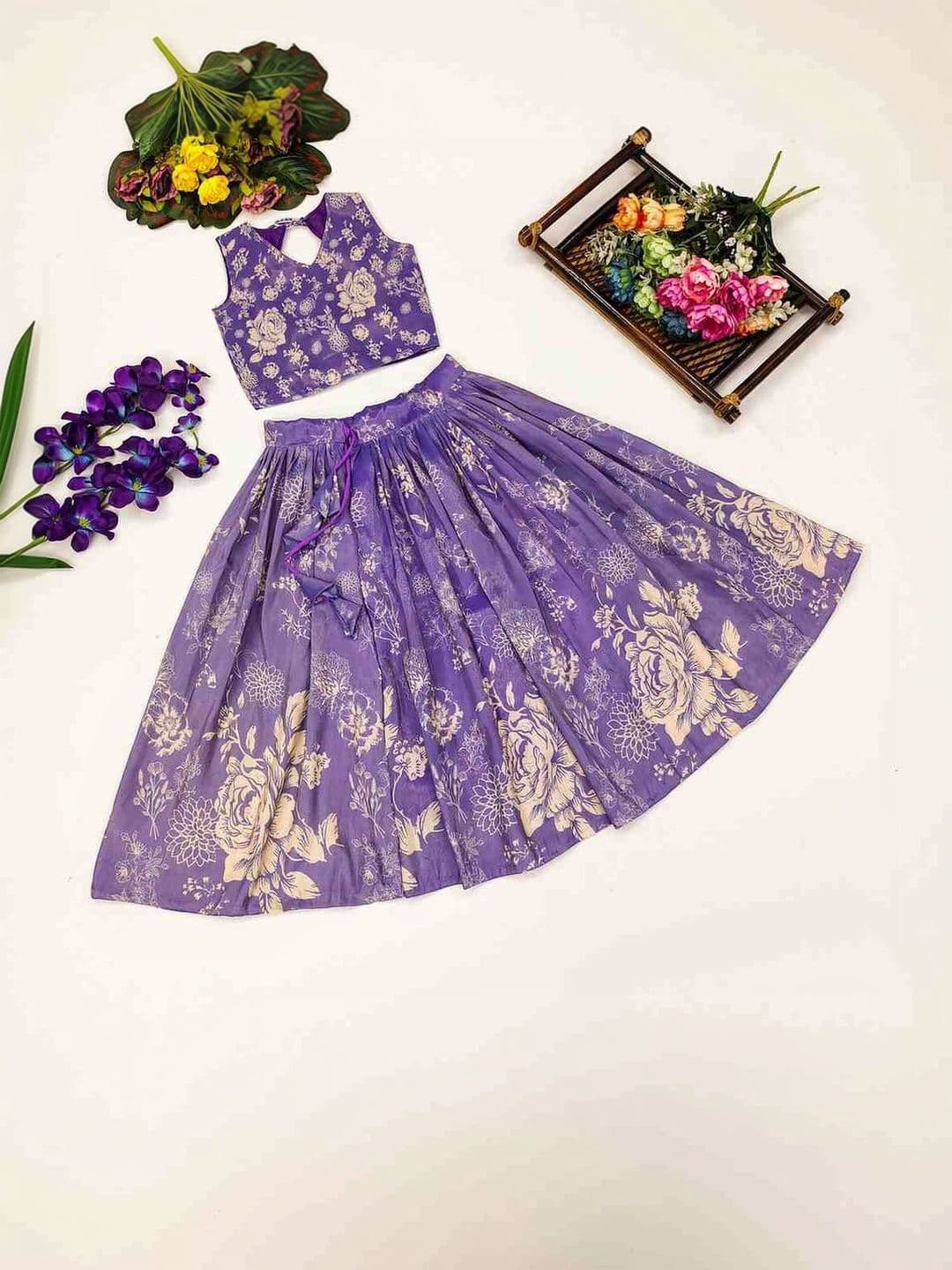 RJ ONLINE Girls Printed Foil Print Semi-Stitched Lehenga & - view 1