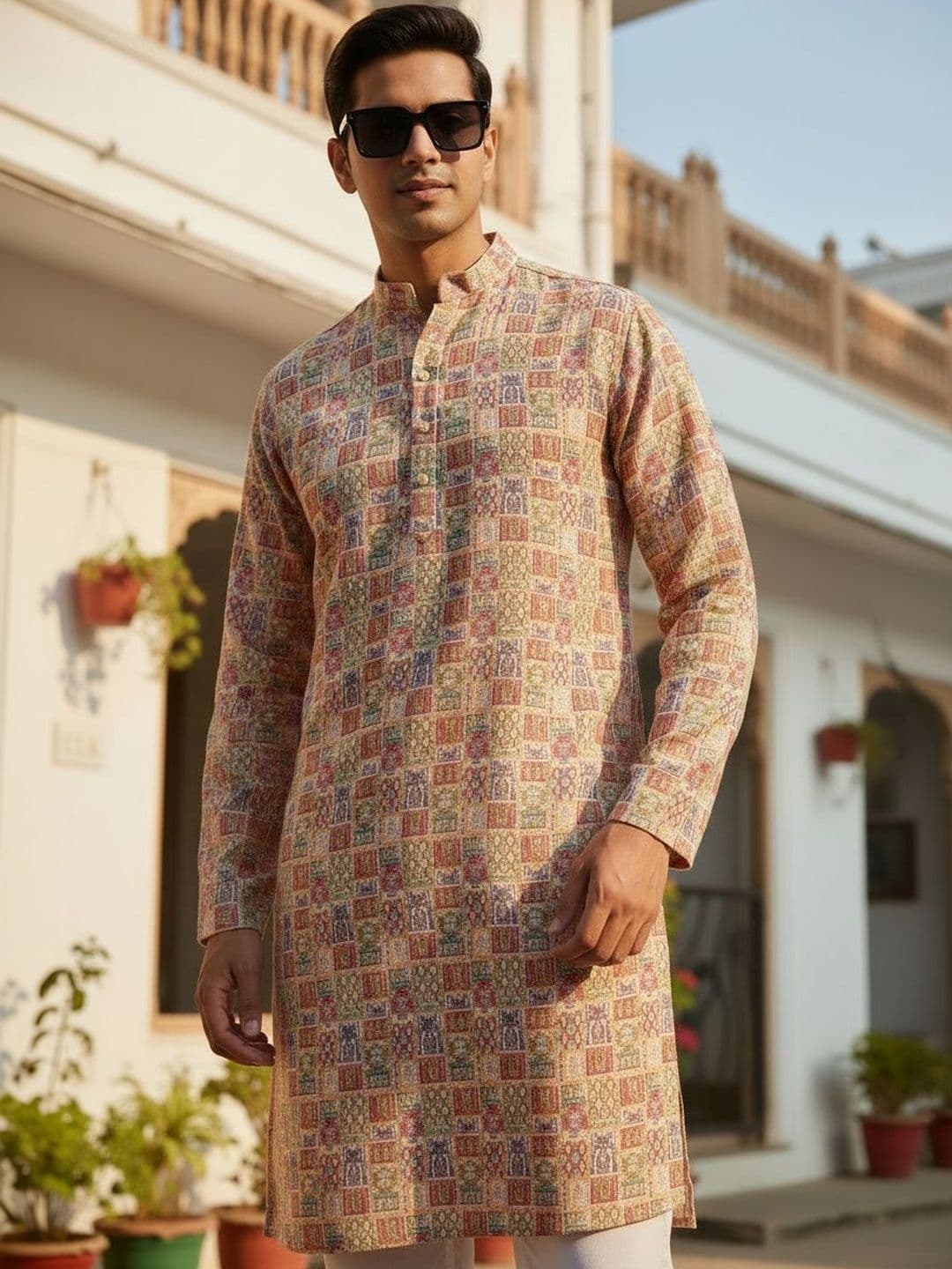 House of Pataudi Embroidered Pure Cotton Mandarin Collar Knee Length Straight Kurta - view 1