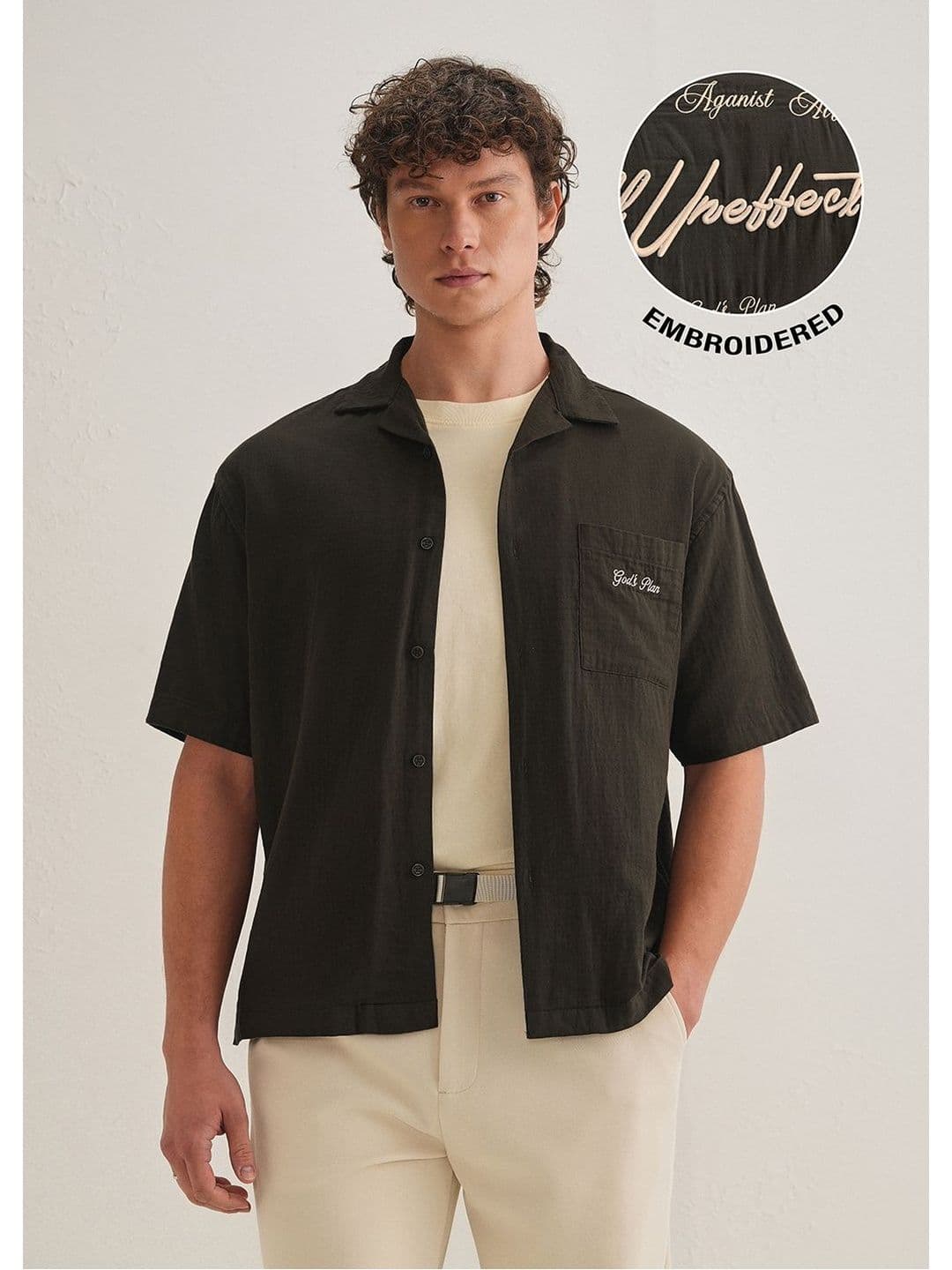 Banana Club Embroidered Double Typography Cotton Short Sleeves Boxy Fit Shirt - view 1