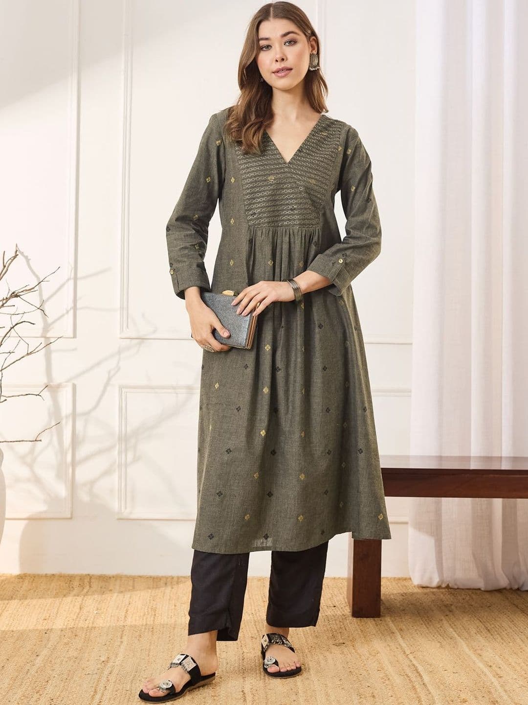Anouk Women Printed Regular Sleeves Thread Work Dobby Kurta - view 1