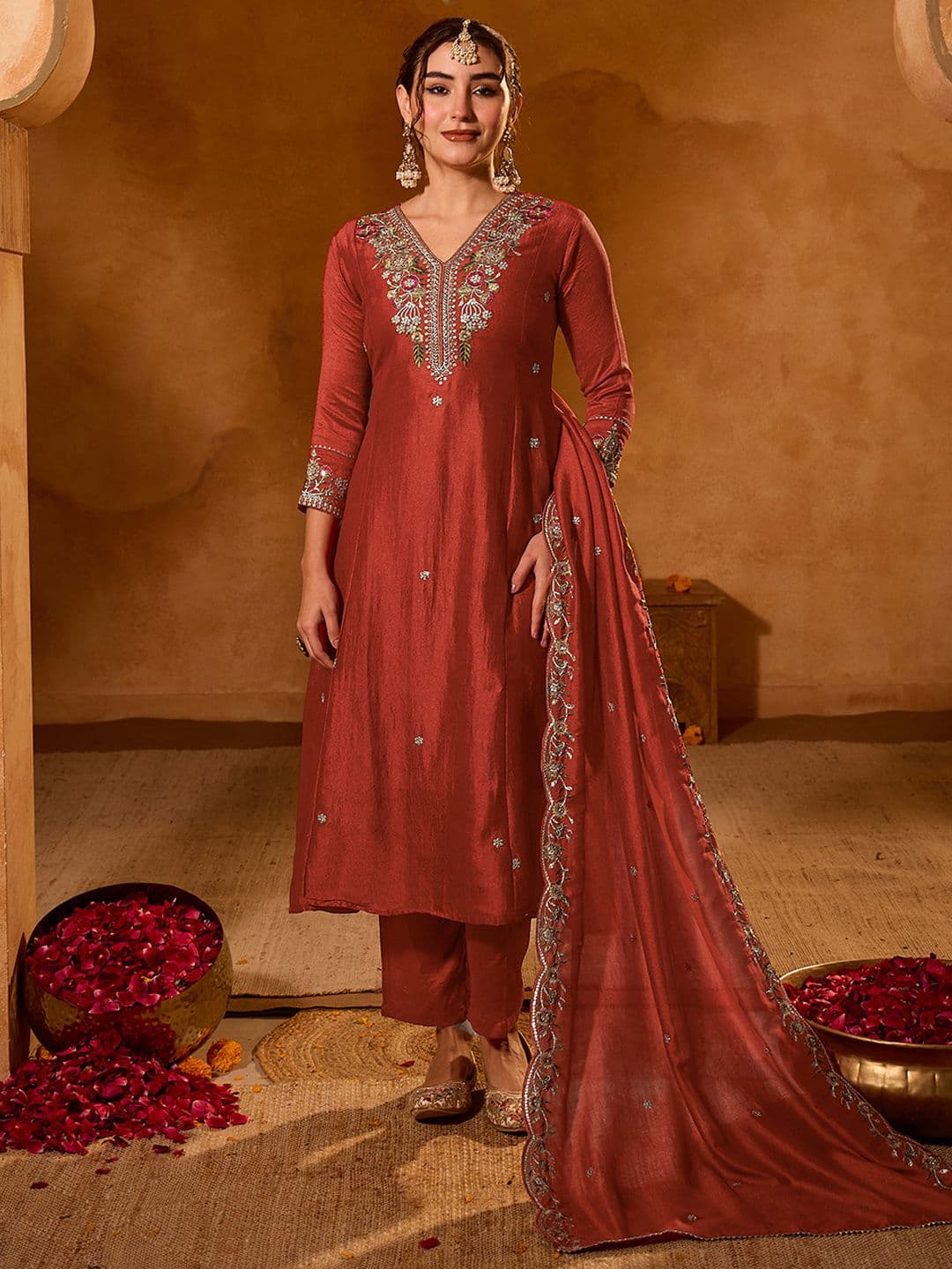 KALINI Women Ethnic Motifs Embroidered Regular Thread Work Kurta with Trousers & With Dupatta - view 1